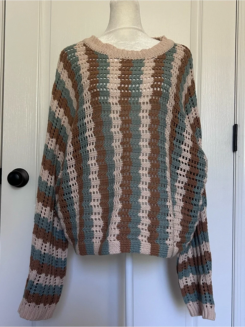 Anniewear Crochet Open Knit Longsleeve Pullover Sweater Earth Tones Cotton Large